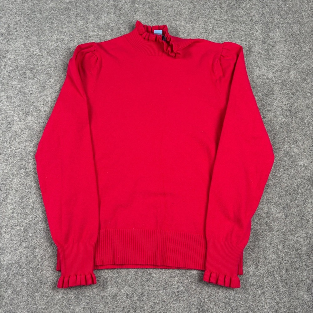CeCe Sweater Womens Medium Red Ruffle Mock Neck Puff Sleeve Knit Top Quarter Zip